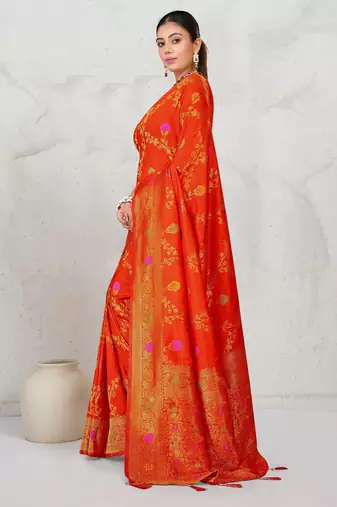 Red dola silk saree with multicolor floral zari and thread work