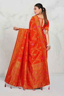 Red dola silk saree with multicolor floral zari and thread work 3
