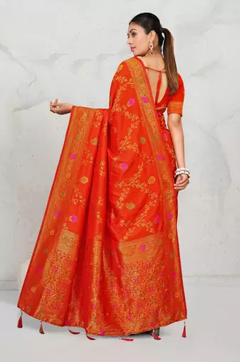 Red dola silk saree with multicolor floral zari and thread work