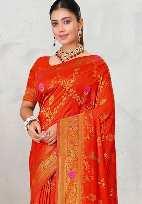 Red dola silk saree with multicolor floral zari and thread work 4