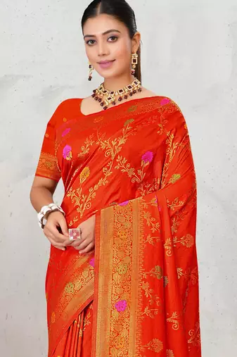 Red dola silk saree with multicolor floral zari and thread work