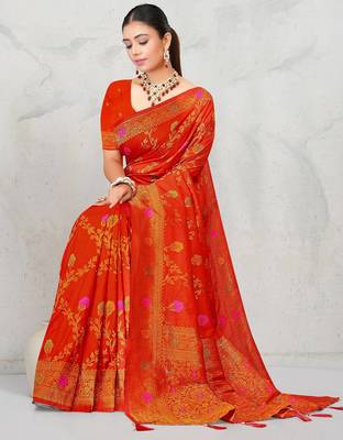Red dola silk saree with multicolor floral zari and thread work 5