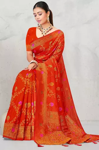 Red dola silk saree with multicolor floral zari and thread work