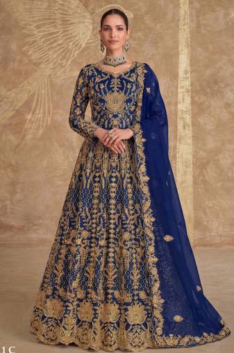 BLUE net anarkali salwar suit gown semi stitched