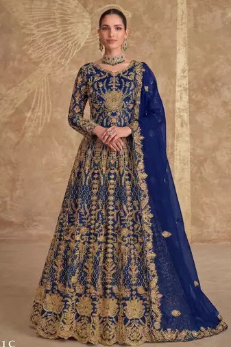 BLUE net anarkali salwar suit gown semi stitched