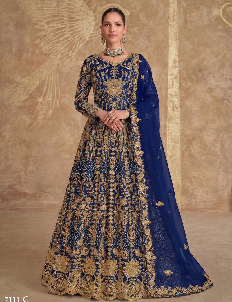 BLUE net anarkali salwar suit gown semi stitched