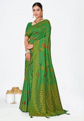 Mehendi green dola silk saree with multicolor floral zari and thread work 1
