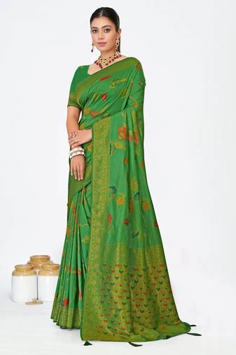 Mehendi green dola silk saree with multicolor floral zari and thread work