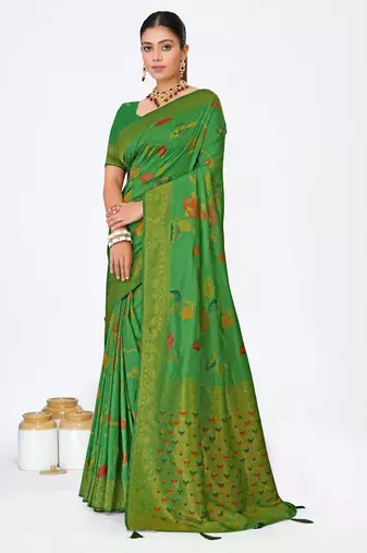 Mehendi green dola silk saree with multicolor floral zari and thread work