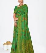 Mehendi green dola silk saree with multicolor floral zari and thread work