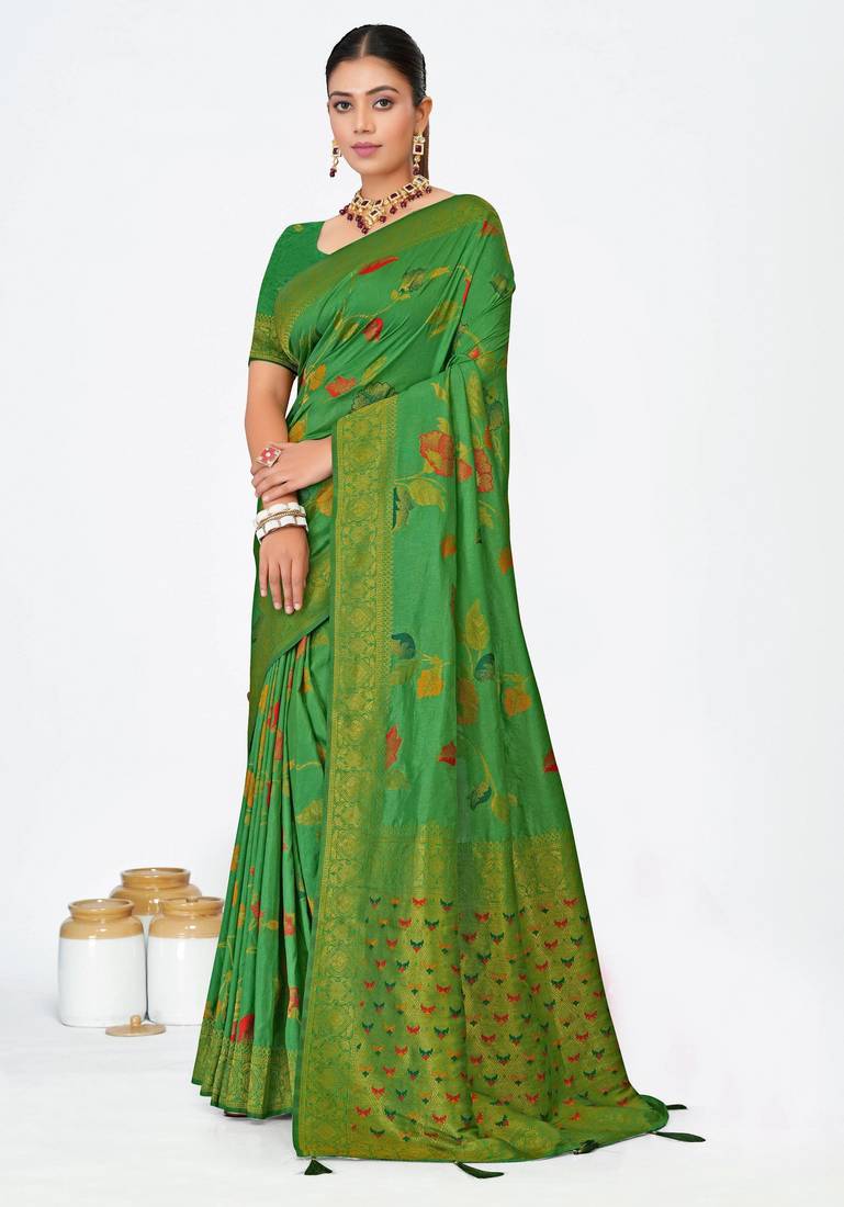 Mehendi green dola silk saree with multicolor floral zari and thread work