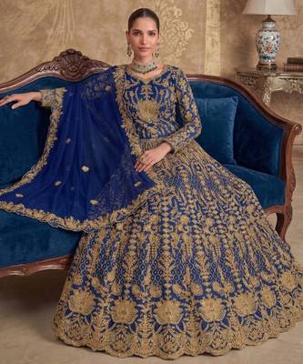 BLUE net anarkali salwar suit gown semi stitched 2