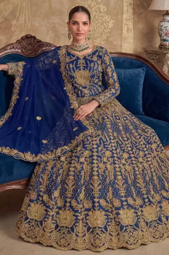 BLUE net anarkali salwar suit gown semi stitched