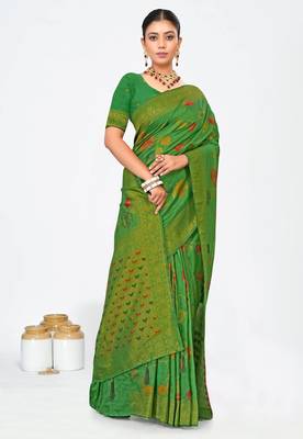 Mehendi green dola silk saree with multicolor floral zari and thread work 2