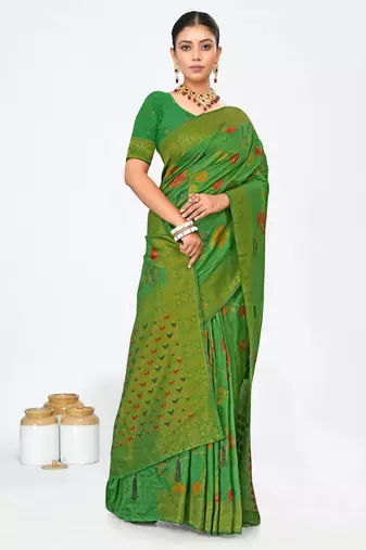 Mehendi green dola silk saree with multicolor floral zari and thread work