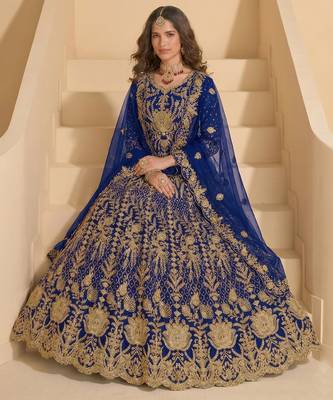 BLUE net anarkali salwar suit gown semi stitched 4