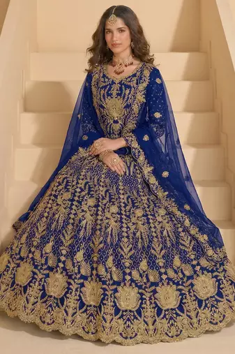 BLUE net anarkali salwar suit gown semi stitched
