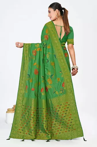 Mehendi green dola silk saree with multicolor floral zari and thread work