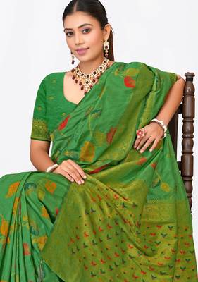 Mehendi green dola silk saree with multicolor floral zari and thread work 4