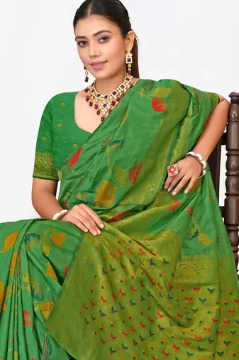 Mehendi green dola silk saree with multicolor floral zari and thread work