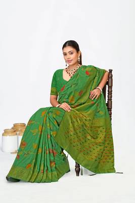 Mehendi green dola silk saree with multicolor floral zari and thread work 5