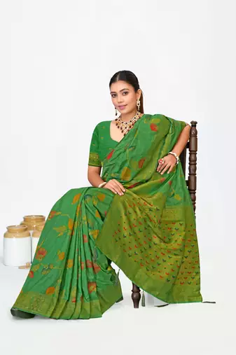 Mehendi green dola silk saree with multicolor floral zari and thread work