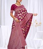 Magenta silk blend saree with floral zari and thread work