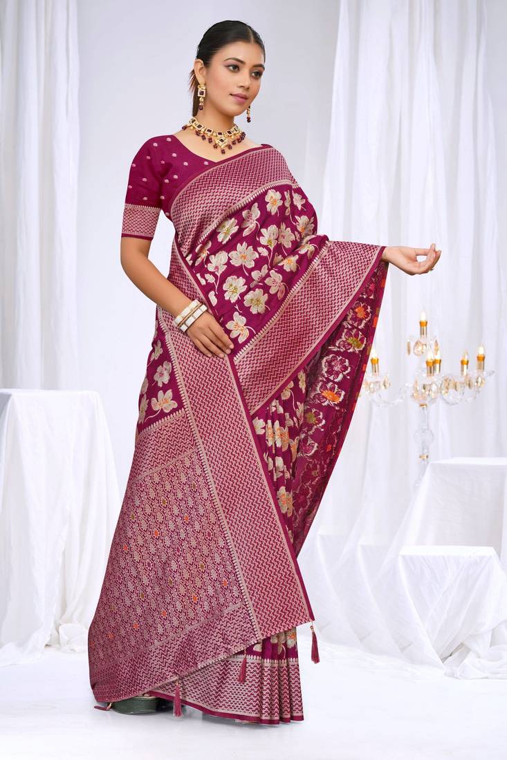 Magenta silk blend saree with floral zari and thread work