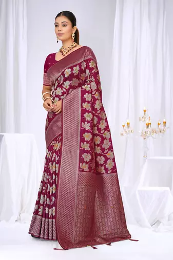 Magenta silk blend saree with floral zari and thread work