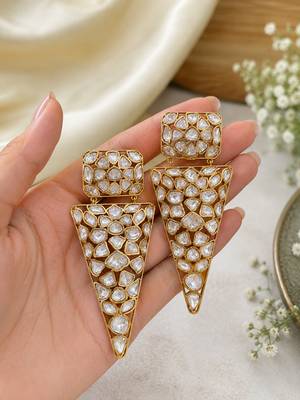 Geometric white kundan gold-plated statement drop earrings for women 1