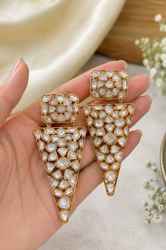 Geometric white kundan gold-plated statement drop earrings for women