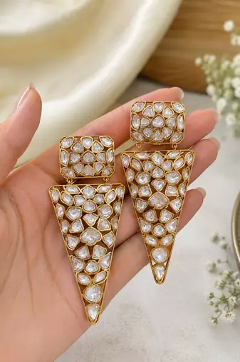 Geometric white kundan gold-plated statement drop earrings for women