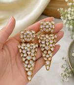 Geometric white kundan gold-plated statement drop earrings for women