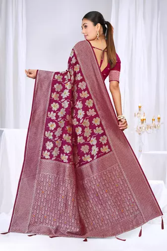 Magenta silk blend saree with floral zari and thread work