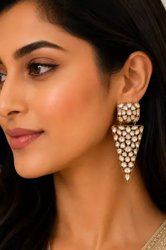 Geometric white kundan gold-plated statement drop earrings for women