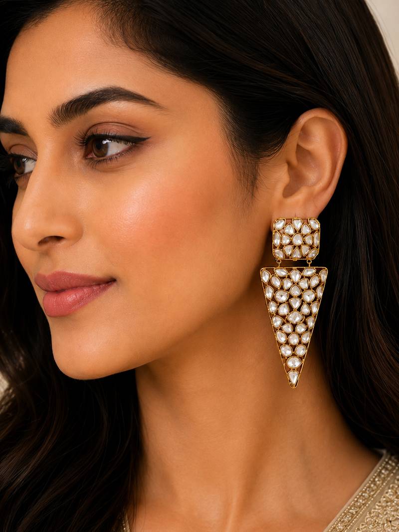 Geometric white kundan gold-plated statement drop earrings for women