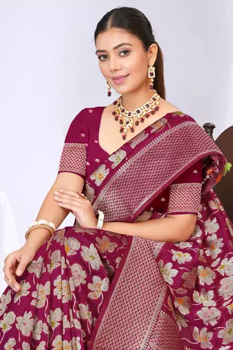 Magenta silk blend saree with floral zari and thread work