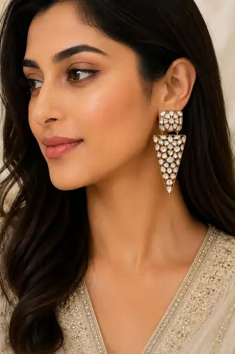 Geometric white kundan gold-plated statement drop earrings for women