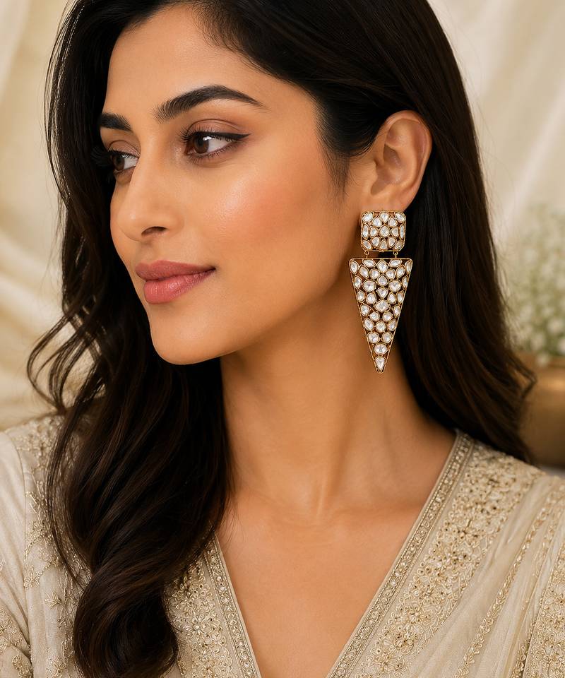 Geometric white kundan gold-plated statement drop earrings for women