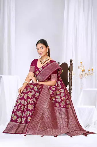 Magenta silk blend saree with floral zari and thread work