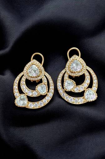 Elegant white kundan & cz gold-plated circular drop earrings for women