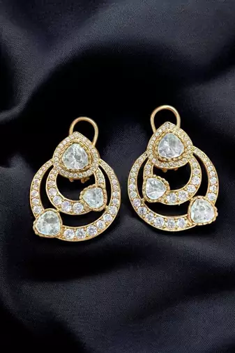 Elegant white kundan & cz gold-plated circular drop earrings for women