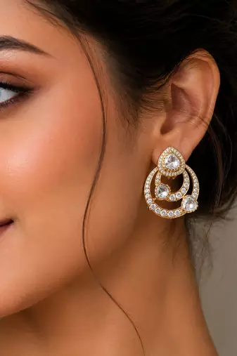 Elegant white kundan & cz gold-plated circular drop earrings for women