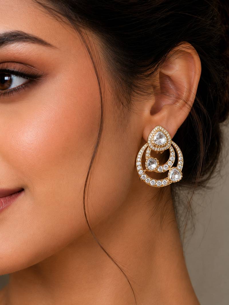 Elegant white kundan & cz gold-plated circular drop earrings for women