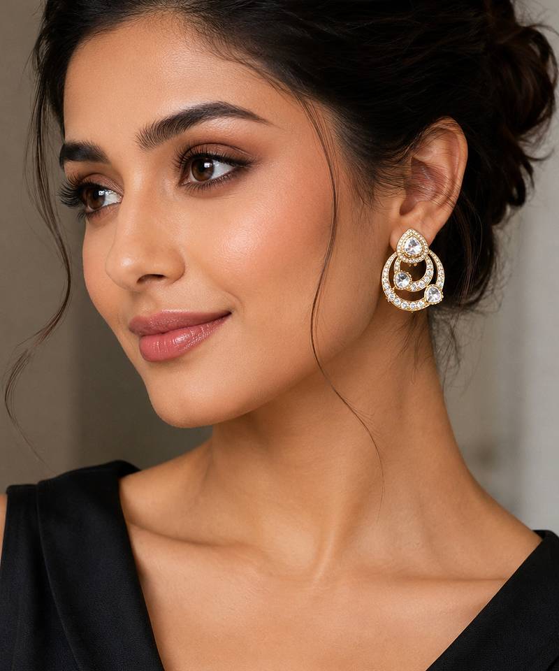 Elegant white kundan & cz gold-plated circular drop earrings for women