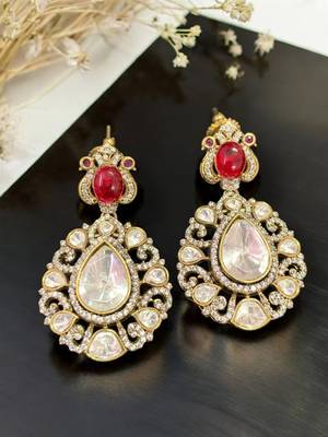 Royal ruby red & kundan inspired gold-plated statement chandbali drop earrings for women 1