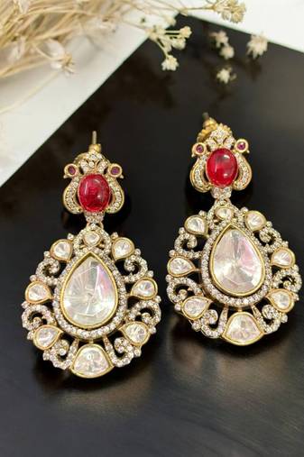 Royal ruby red & kundan inspired gold-plated statement chandbali drop earrings for women