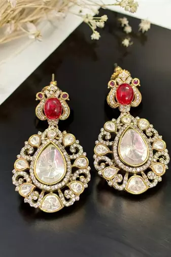 Royal ruby red & kundan inspired gold-plated statement chandbali drop earrings for women