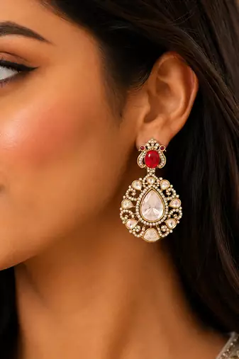 Royal ruby red & kundan inspired gold-plated statement chandbali drop earrings for women