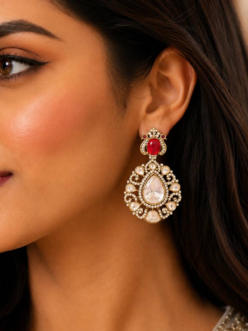 Royal ruby red & kundan inspired gold-plated statement chandbali drop earrings for women